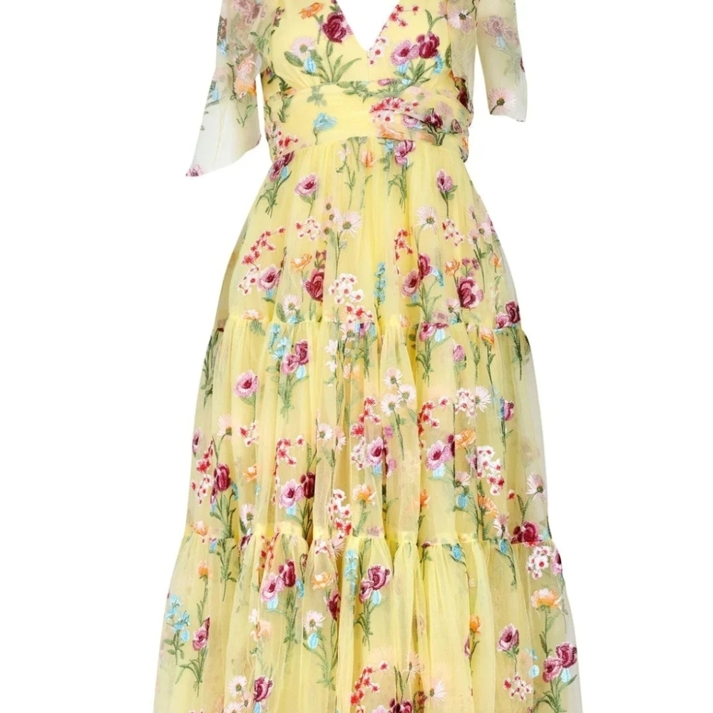 JessaKae Lemon Yellow Floral Tie-Shoulder Midi Dress - Picture 4 of 6